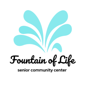 A light blue fountain graphic above the words “Fountain of Life” in cursive and “senior community center” in lowercase print on a white background, highlighting a Giveback Benefiting Vets for Youth initiative.