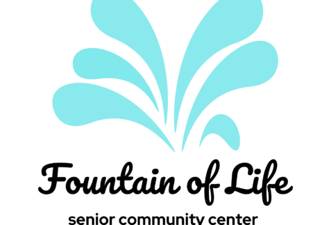A light blue fountain graphic above the words “Fountain of Life” in cursive and “senior community center” in lowercase print on a white background, highlighting a Giveback Benefiting Vets for Youth initiative.