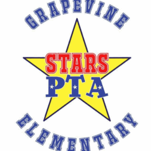A yellow star with STARS PTA written across it—STARS in red with white outline, PTA in blue with white outline. The words GRAPEVINE ELEMENTARY curve around the star in blue font, highlighting a Giveback Benefiting Vets for Youth.