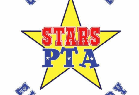 A yellow star with STARS PTA written across it—STARS in red with white outline, PTA in blue with white outline. The words GRAPEVINE ELEMENTARY curve around the star in blue font, highlighting a Giveback Benefiting Vets for Youth.