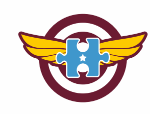 A blue puzzle piece with a white star in the center represents Giveback Benefiting Vets for Youth, placed over gold wings and a maroon and white bullseye target background.