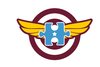 A blue puzzle piece with a white star in the center represents Giveback Benefiting Vets for Youth, placed over gold wings and a maroon and white bullseye target background.