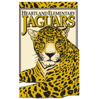 Illustration of a jaguar with yellow and black spots, lying down. Above the jaguar, bold text reads Heartland Elementary Jaguars. This design is part of a Giveback Benefiting Vets for Youth initiative.