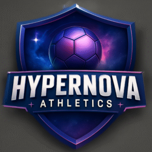 A blue and purple shield-shaped logo with a glowing soccer ball and the text HYPERNOVA ATHLETICS in bold white letters. A star and cosmic background shine behind the ball, symbolizing our Giveback Benefiting Vets for Youth initiative.