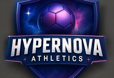 A blue and purple shield-shaped logo with a glowing soccer ball and the text HYPERNOVA ATHLETICS in bold white letters. A star and cosmic background shine behind the ball, symbolizing our Giveback Benefiting Vets for Youth initiative.