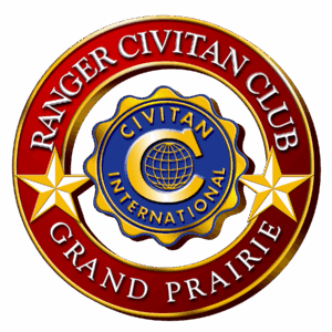 Circular logo with Ranger Civitan Club Grand Prairie in white text on a red border, featuring two gold stars and a blue and gold seal that says Civitan International, symbolizing Giveback Benefiting Vets for Youth with a globe inside the letter C.