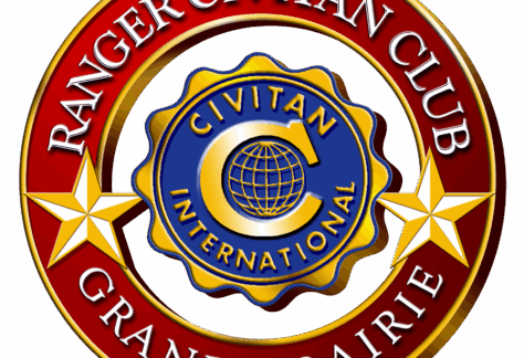 Circular logo with Ranger Civitan Club Grand Prairie in white text on a red border, featuring two gold stars and a blue and gold seal that says Civitan International, symbolizing Giveback Benefiting Vets for Youth with a globe inside the letter C.