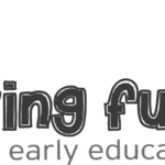 Illustration of two children, one holding a book and the other watering the letter g in "growing futures early education center." The playful text highlights this as a Giveback Benefiting Vets for Youth.