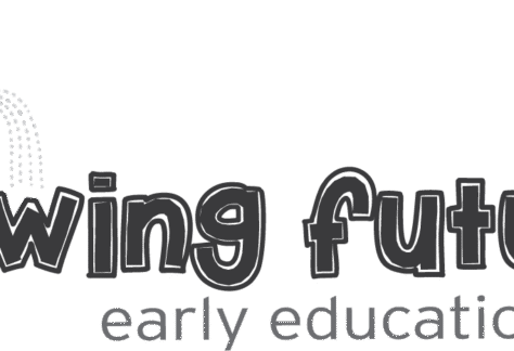 Illustration of two children, one holding a book and the other watering the letter g in "growing futures early education center." The playful text highlights this as a Giveback Benefiting Vets for Youth.