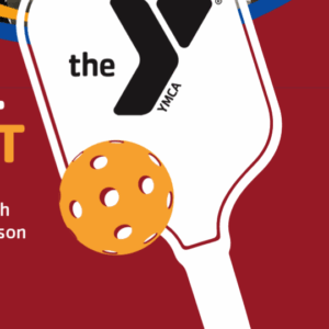 A white pickleball paddle with the YMCA logo is shown with an orange pickleball in front of it, set against a red background.