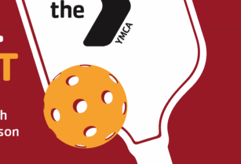 A white pickleball paddle with the YMCA logo is shown with an orange pickleball in front of it, set against a red background.