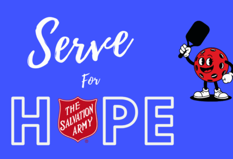 A smiling, cartoon table tennis paddle holds a paddle next to the words “Serve for Hope.” The O in HOPE is replaced by a red Salvation Army shield logo. The background is blue.