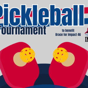 Illustration for a Pickleball Tournament to benefit Brace for Impact 46, showing two red paddles hitting yellow pickleballs with the organizations logo on the right.