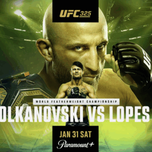Promotional poster for UFC 325 featuring fighters Alexander Volkanovski and Diego Lopes, with bold text Volkanovski vs Lopes 2, event date January 31, and branding from sponsors.