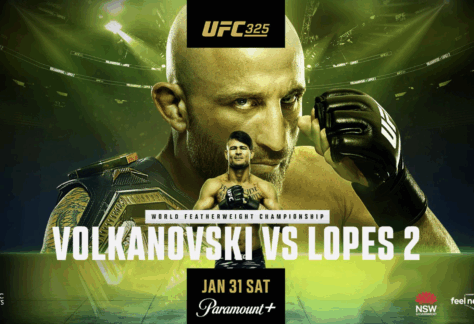Promotional poster for UFC 325 featuring fighters Alexander Volkanovski and Diego Lopes, with bold text Volkanovski vs Lopes 2, event date January 31, and branding from sponsors.