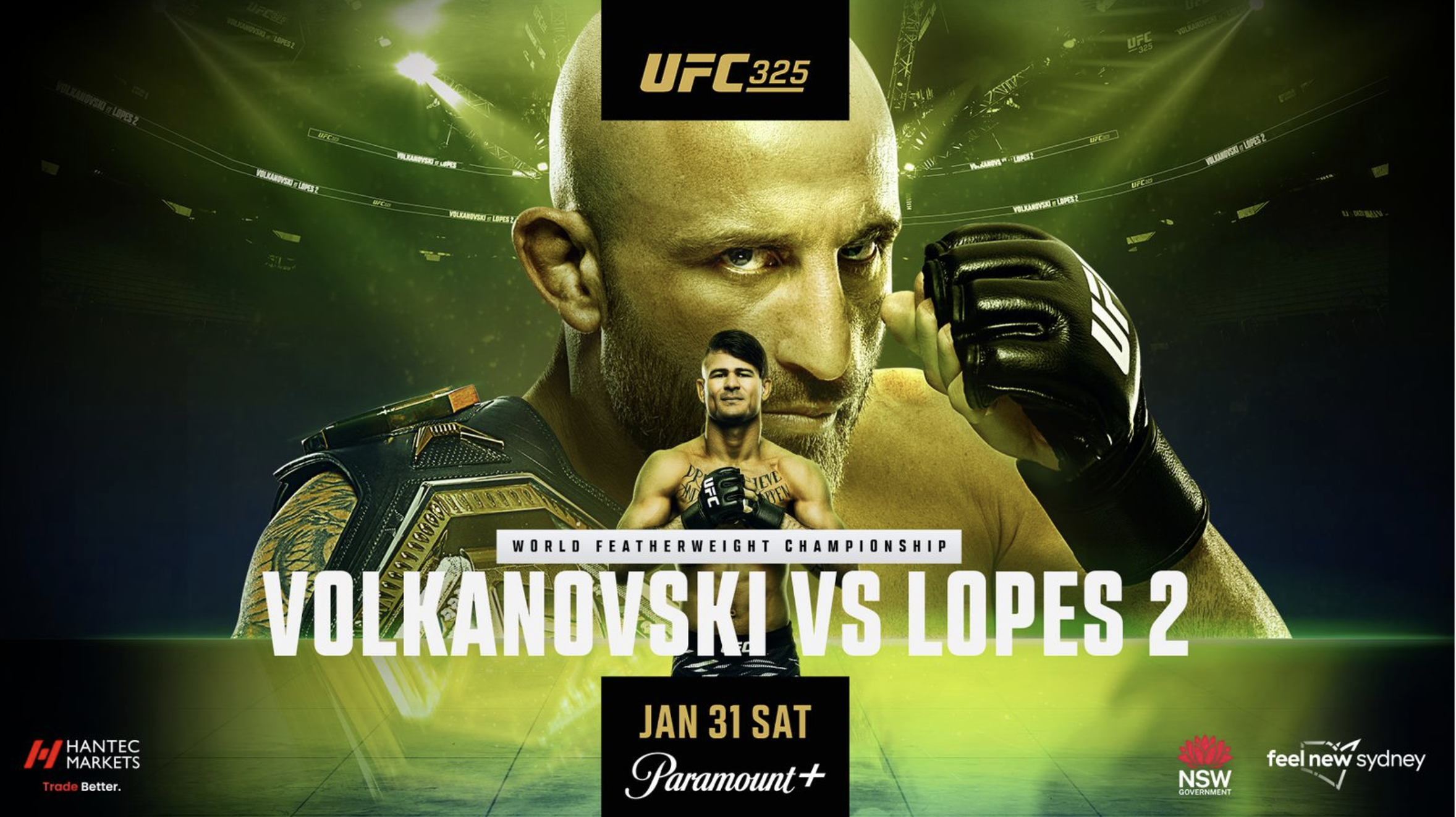 Promotional poster for UFC 325 featuring fighters Alexander Volkanovski and Diego Lopes, with bold text Volkanovski vs Lopes 2, event date January 31, and branding from sponsors.