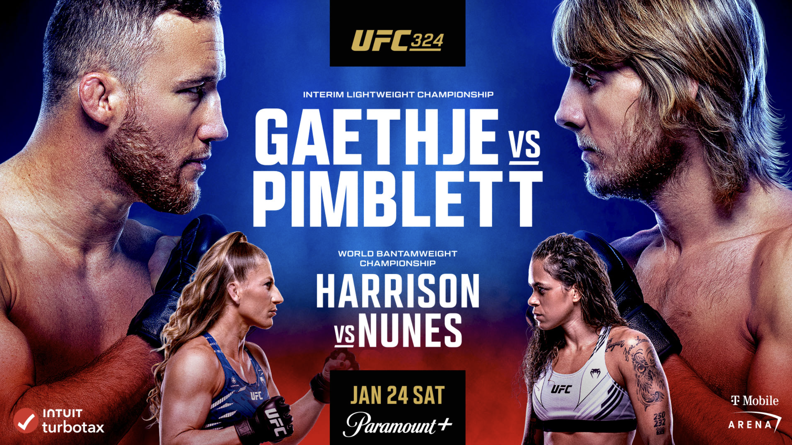 Promotional poster for UFC 324 featuring face-offs: Gaethje vs Pimblett (main) and Harrison vs Nunes (below), with event details: January 24, Paramount+, T-Mobile Arena, and sponsor logos.