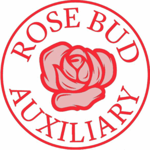 A circular red logo with the words ROSE BUD AUXILIARY around the edge and a stylized rose illustration in the center, symbolizing a giveback initiative benefiting vets and supporting youth programs.