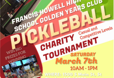 Flyer for a Francis Howell High School Golden Years Club charity pickleball tournament on Saturday, March 7th, 10AM-1PM, with casual and competitive levels, prizes, and location details. Gift baskets are pictured as prizes.