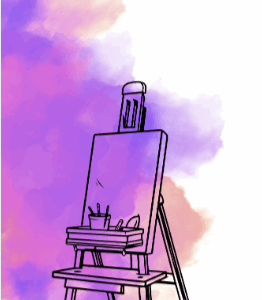 An easel with a blank canvas and art supplies sits against a vibrant background of pink, purple, and white watercolor-style clouds.
