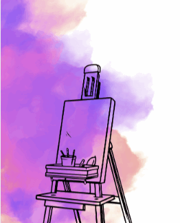 An easel with a blank canvas and art supplies sits against a vibrant background of pink, purple, and white watercolor-style clouds.
