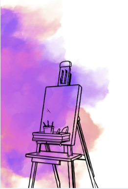 An easel with a blank canvas and art supplies sits against a vibrant background of pink, purple, and white watercolor-style clouds.