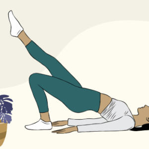 A woman lies on her back with one leg raised and the other bent, performing a bridge exercise. She wears teal leggings, a white top, and socks. A potted plant is placed nearby.