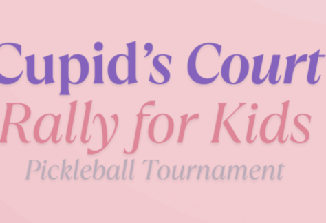 Text graphic with the words: Cupid’s Court Rally for Kids Pickleball Tournament on a pink background in purple, pink, and gray fonts.