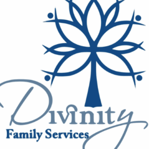 A blue stylized tree with human figures as branches is above the text Divinity Family Services in artistic and bold fonts, reflecting a commitment to giveback initiatives benefiting vets for youth.