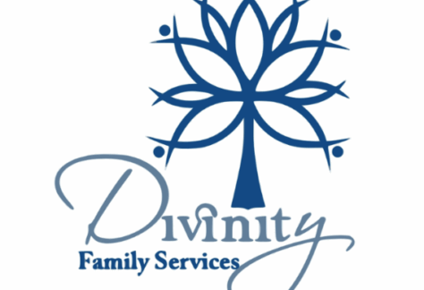 A blue stylized tree with human figures as branches is above the text Divinity Family Services in artistic and bold fonts, reflecting a commitment to giveback initiatives benefiting vets for youth.