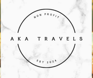 Logo with a white marble background, black circular outline, and AKA TRAVELS in the center. NON PROFIT is at the top, EST 2024 at the bottom—highlighting Giveback initiatives benefiting vets and youth inside the circle.