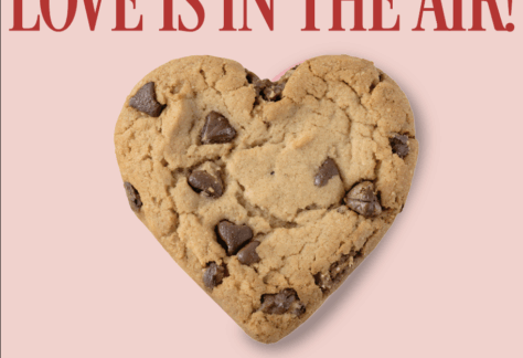 A heart-shaped chocolate chip cookie sits below the bold red text LOVE IS IN THE AIR! on a pink background with red accents at the bottom.