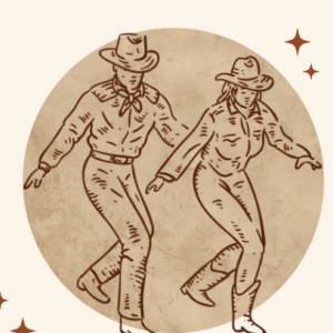 A line drawing of two people in cowboy hats and boots dancing together, with a beige circular background and small star accents.