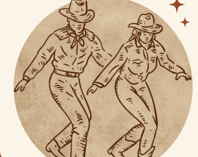 A line drawing of two people in cowboy hats and boots dancing together, with a beige circular background and small star accents.