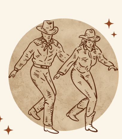 A line drawing of two people in cowboy hats and boots dancing together, with a beige circular background and small star accents.