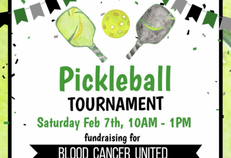 Colorful flyer for a Pickleball Tournament on Saturday, Feb 7th, 10AM–1PM, fundraising for Blood Cancer United, Team Cancer SLAYers. Features paddles, a pickleball, and festive banner decorations.