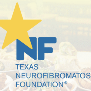 Logo of the Texas Neurofibromatosis Foundation with a large yellow star and blue “NF” letters above the foundation’s name, over a faded background of plates of food, highlighting their Giveback Benefiting Vets for Youth initiative.