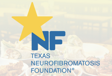 Logo of the Texas Neurofibromatosis Foundation with a large yellow star and blue “NF” letters above the foundation’s name, over a faded background of plates of food, highlighting their Giveback Benefiting Vets for Youth initiative.