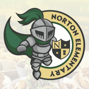 A cartoon knight in silver armor with a green cape is leaping in front of a circular emblem that reads Norton Elementary. The emblem, part of a Giveback Benefiting Vets for Youth, also features a shield with an N and a tower.