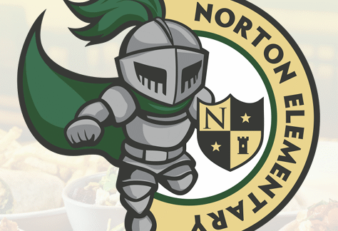 A cartoon knight in silver armor with a green cape is leaping in front of a circular emblem that reads Norton Elementary. The emblem, part of a Giveback Benefiting Vets for Youth, also features a shield with an N and a tower.