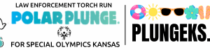 Logo for the 2026 Law Enforcement Torch Run Polar Plunge for Special Olympics Kansas, featuring a polar bear mascot and PLUNGEKS.ORG, with colorful sunglasses and snowflake designs—an event Giveback Benefiting Vets for Youth.