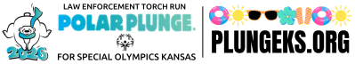 Logo for the 2026 Law Enforcement Torch Run Polar Plunge for Special Olympics Kansas, featuring a polar bear mascot and PLUNGEKS.ORG, with colorful sunglasses and snowflake designs—an event Giveback Benefiting Vets for Youth.
