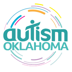 Logo for Autism Oklahoma, featuring the word autism with a stylized human figure as the i, and OKLAHOMA below. Colorful curved lines encircle the text, representing a giveback spirit benefiting vets and supporting youth.