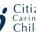 Logo for Citizens Caring for Children, featuring two abstract human figures forming a heart shape on the left, highlighting their giveback mission benefiting youth, with the organization’s name in blue text on the right.