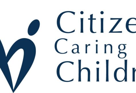 Logo for Citizens Caring for Children, featuring two abstract human figures forming a heart shape on the left, highlighting their giveback mission benefiting youth, with the organization’s name in blue text on the right.