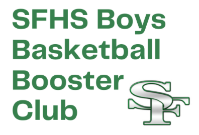 Green text reads SFHS Boys Basketball Booster Club next to a stylized green and silver SF logo on a white background, highlighting a special Giveback Benefiting Vets for Youth initiative.