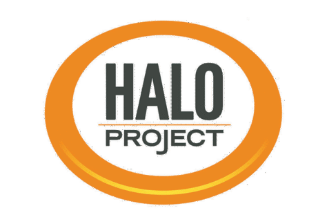 Logo with the words HALO PROJECT inside an orange oval ring on a light gray background. HALO is in large gray letters above PROJECT in smaller orange letters, highlighting its giveback mission benefiting vets for youth.