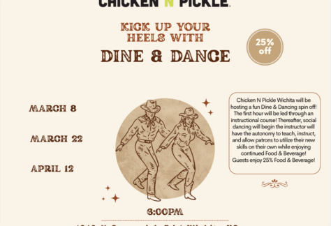 Event flyer for Chicken N Pickle’s “Dine & Dance” nights, featuring dancing cowboy and cowgirl illustrations, event dates (March 8, March 22, April 12), a 25% off badge, and event details at 1240 N Greenwich Rd, Wichita, KS, 6:00 PM.