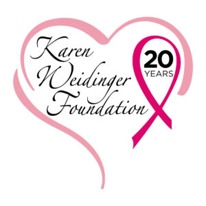 A pink heart outline surrounds the words Karen Weidinger Foundation in script, with a pink ribbon marking 20 years of giveback—benefiting vets and support for youth.