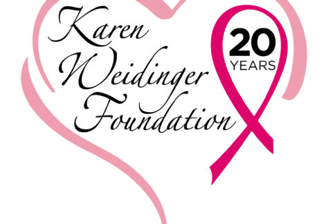 A pink heart outline surrounds the words Karen Weidinger Foundation in script, with a pink ribbon marking 20 years of giveback—benefiting vets and support for youth.